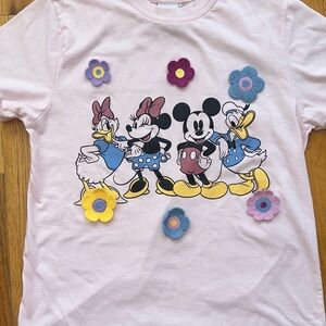 Disney Pink Short Sleeve Tee with Mickey & Friends and Flower Appliqués